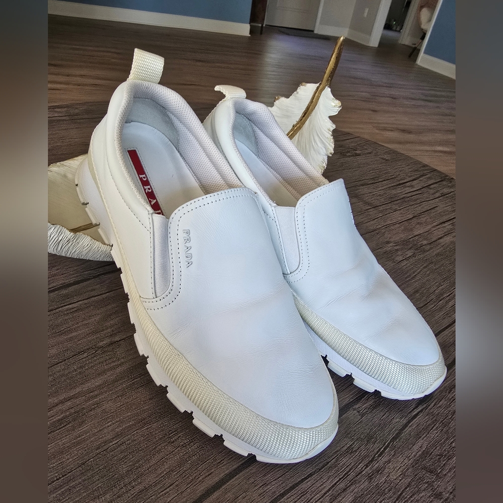 Authentic Prada White Leather Slip-On Shoes - Picture 1 of 16